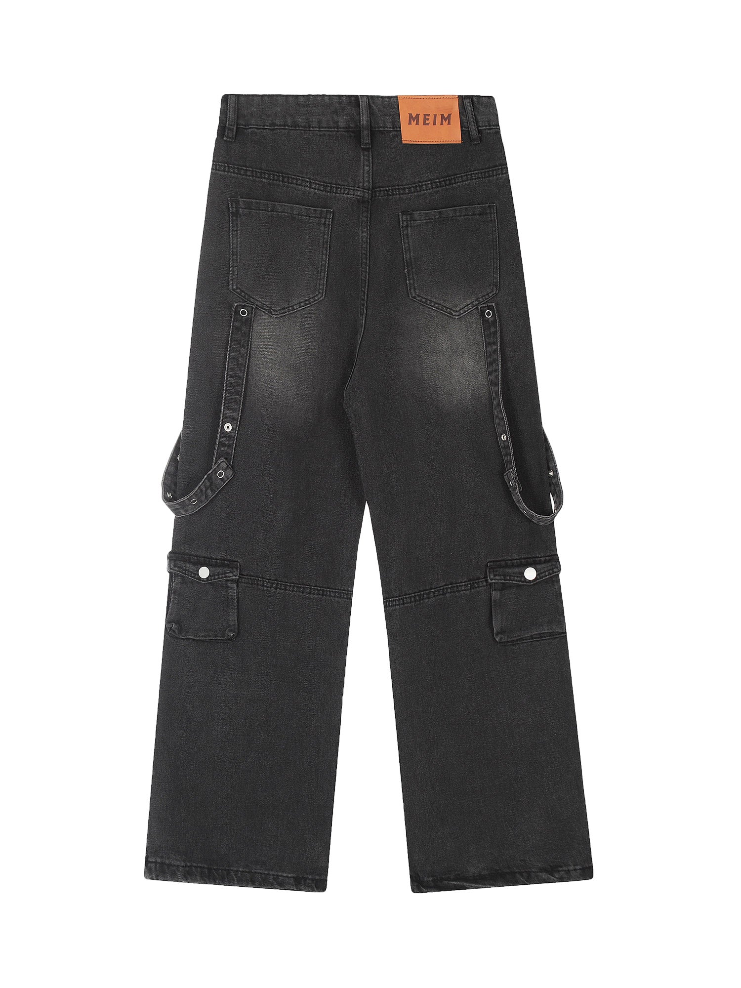 Sneakerhill Vintage Washed Web Rivets Hip-Hop Jeans - sneakerhillcom