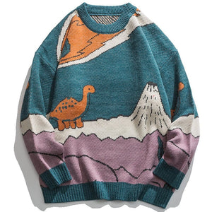 Sneakerhill® Knitted Sweater Cartoon Dinosaur and Volcanoes - sneakerhillcom