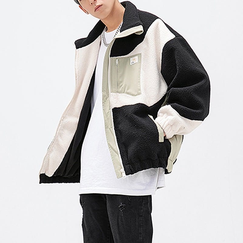 Lamb Woolen Winter Coat Patchwork Color Block Sneakerhill