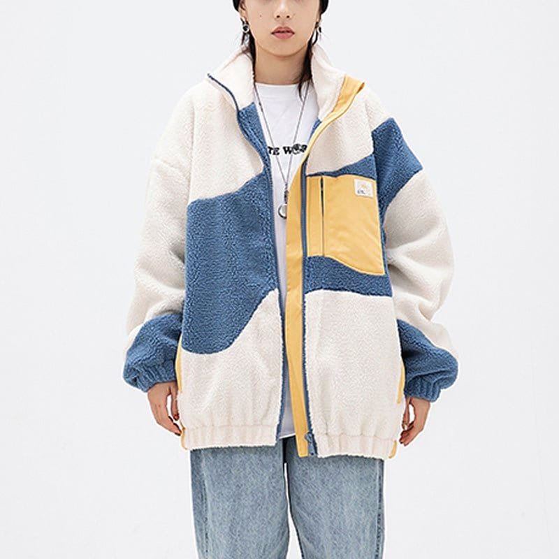 Lamb Woolen Winter Coat Patchwork Color Block Sneakerhill