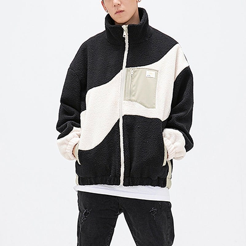 Lamb Woolen Winter Coat Patchwork Color Block Sneakerhill