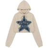 Sneakerhill® Women Crop Hooded Sweater Denim Star Patch - sneakerhillcom