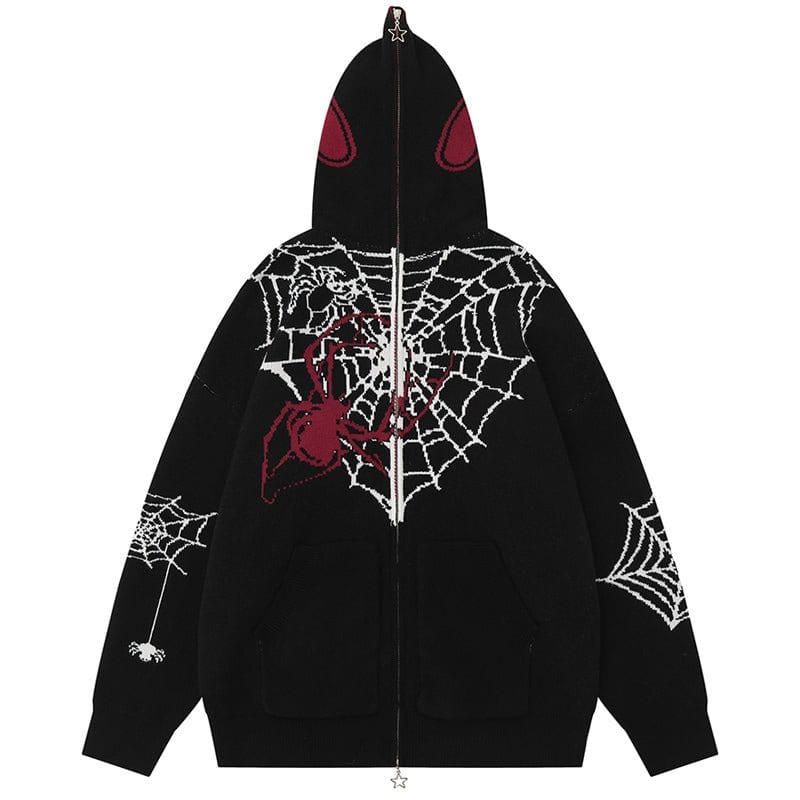 Sneakerhill® Gothic Hooded Knit Sweater Spider Web - sneakerhillcom