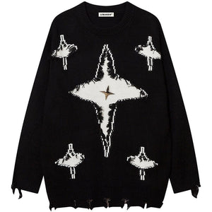 Sneakerhill® Punk Style Distressed Star Knit Sweater - sneakerhillcom