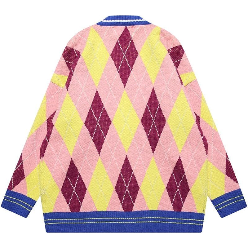 Sneakerhill® Cozy Pink Argyle Knit Cardigan Sweater - sneakerhillcom