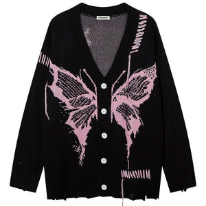 Sneakerhill® Distressed Knit Cardigan Sweater Butterfly Sneakerhill