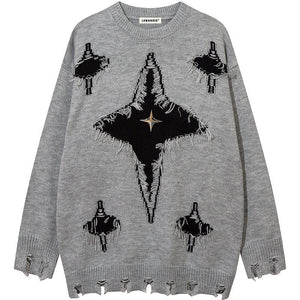 Sneakerhill® Punk Style Distressed Star Knit Sweater - sneakerhillcom