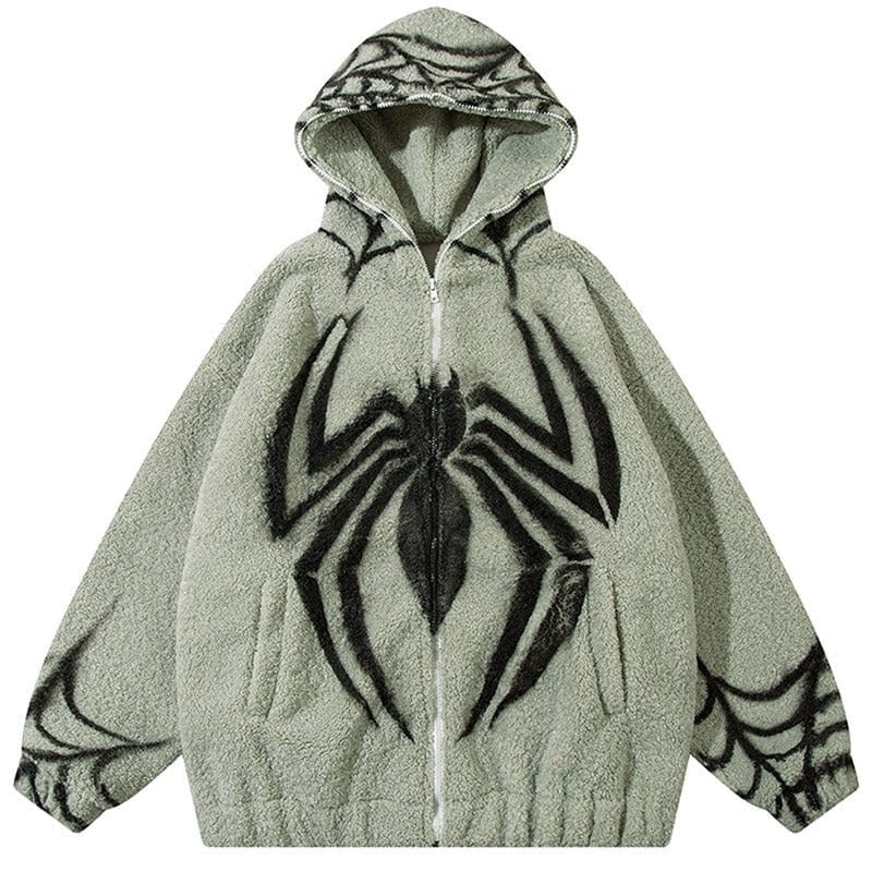 Sneakerhill® Full Zip Hooded Sherpa Jacket Spider Web - sneakerhillcom