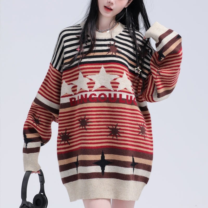 Sneakerhill® Retro Striped Pullover Sweater with Star - sneakerhillcom