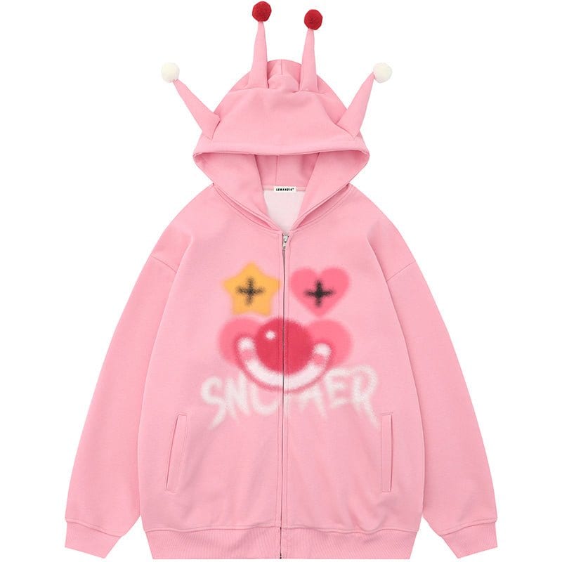 Sneakerhill ® Funny Jester Zipper Hoodie with Horn - sneakerhillcom