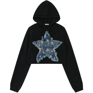 Sneakerhill® Women Crop Hooded Sweater Denim Star Patch - sneakerhillcom