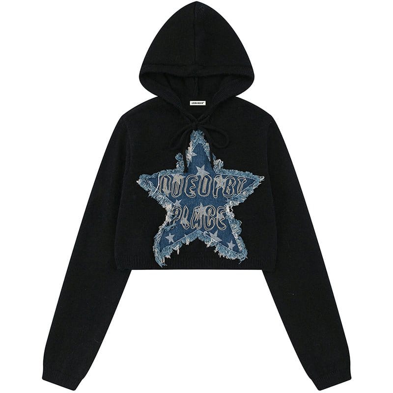 Sneakerhill® Women Crop Hooded Sweater Denim Star Patch - sneakerhillcom