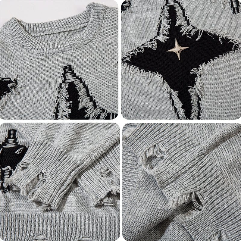 Sneakerhill® Punk Style Distressed Star Knit Sweater - sneakerhillcom