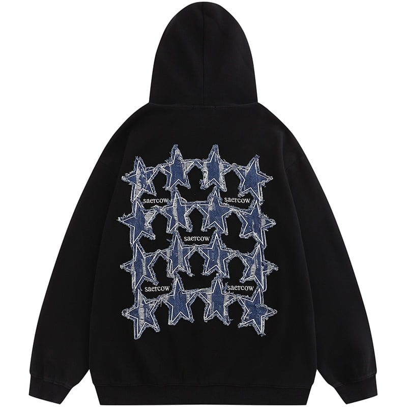 Sneakerhill® Fall Zipper Hoodie Denim Stars Patch - sneakerhillcom