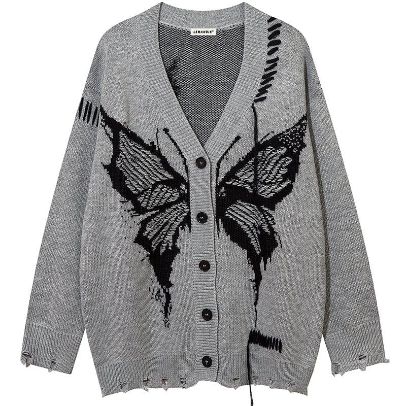 Sneakerhill® Distressed Knit Cardigan Sweater Butterfly Sneakerhill