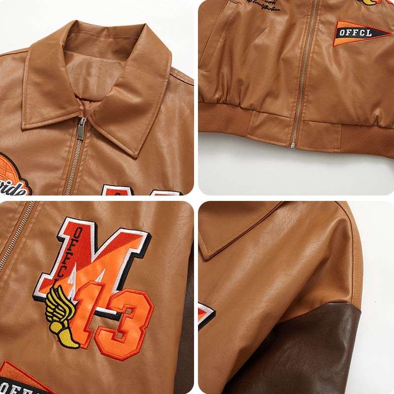 Sneakerhill® Leather Baseball Jacket Embroidery Star - sneakerhillcom