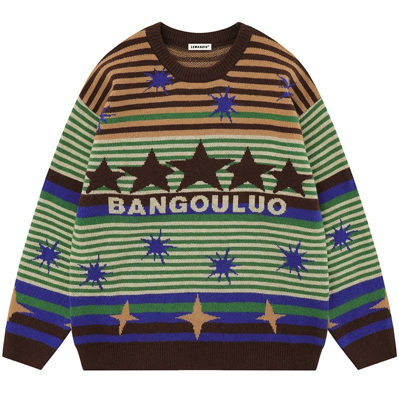 Sneakerhill® Retro Striped Pullover Sweater with Star - sneakerhillcom