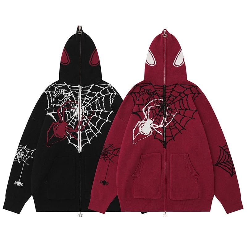 Sneakerhill® Gothic Hooded Knit Sweater Spider Web - sneakerhillcom