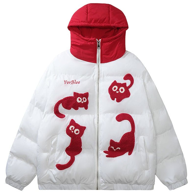 Sneakerhill® Hooded Puffer Winter Coat Flocked Cats - sneakerhillcom