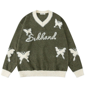 Sneakerhill® Fleece V-Neck Knit Sweater Butterfly Sneakerhill