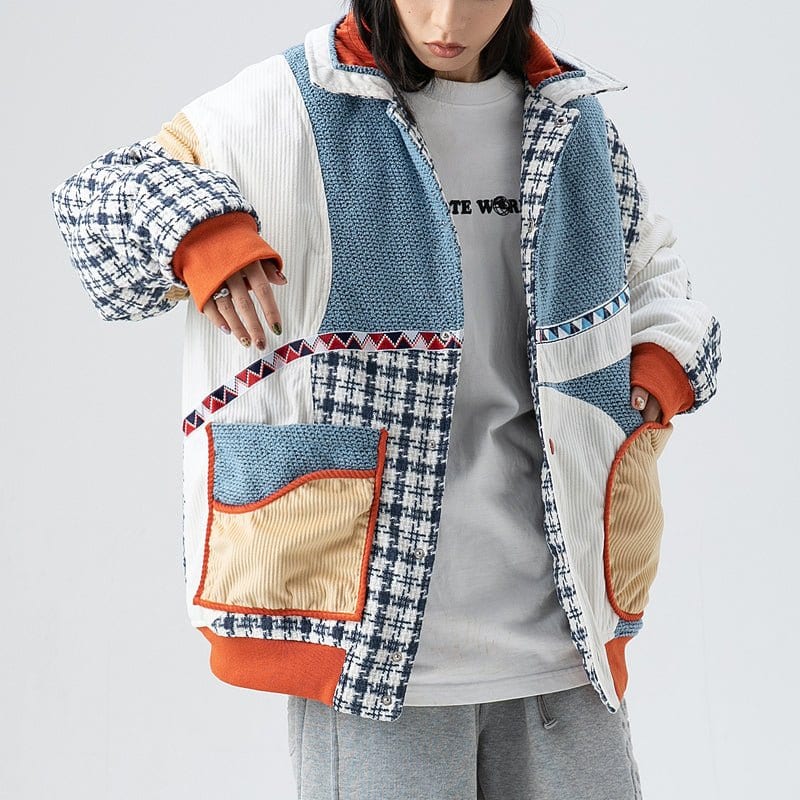 Sneakerhill® Unisex Corduroy Winter Coat Plaid Patchwork - sneakerhillcom