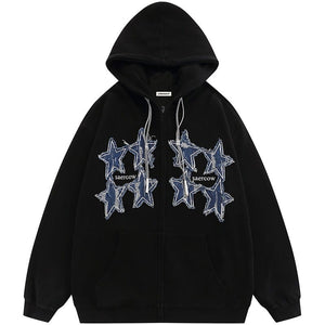 Sneakerhill® Fall Zipper Hoodie Denim Stars Patch - sneakerhillcom