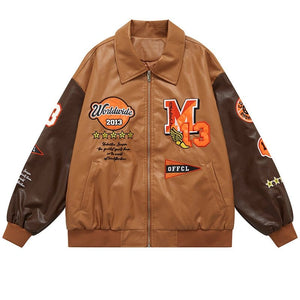 Sneakerhill® Leather Baseball Jacket Embroidery Star - sneakerhillcom