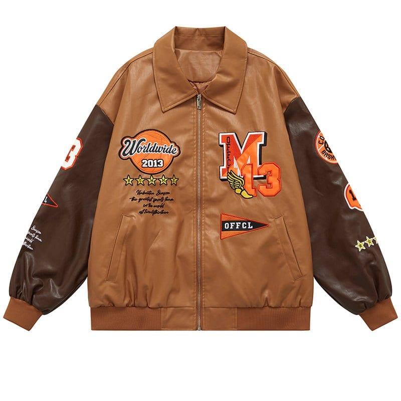 Sneakerhill® Leather Baseball Jacket Embroidery Star - sneakerhillcom