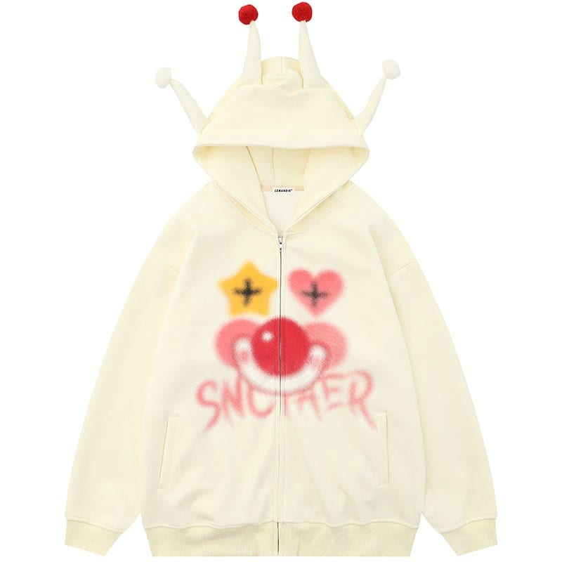 Sneakerhill ® Funny Jester Zipper Hoodie with Horn - sneakerhillcom