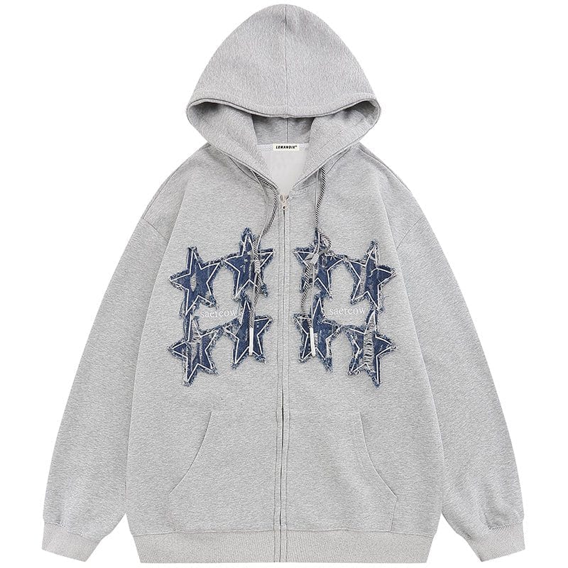 Sneakerhill® Fall Zipper Hoodie Denim Stars Patch - sneakerhillcom